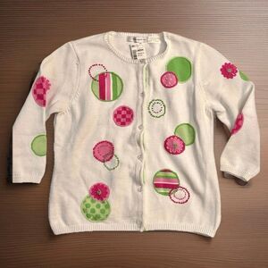 Marisa Christina White Cardigan S Embroidered Pink & Green Circles *see details